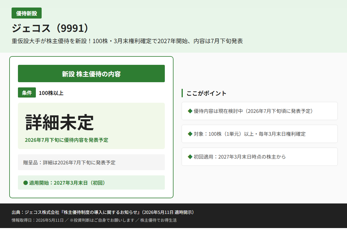 ジェコス（9991）株主優待優待内容カード