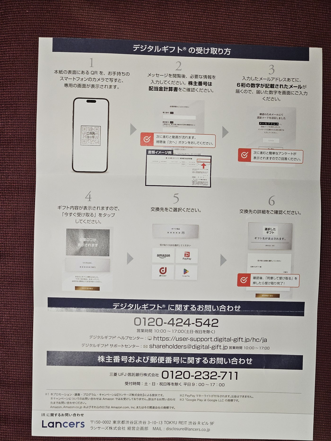 デジタルギフトの受け取り方（案内裏面の6ステップ）