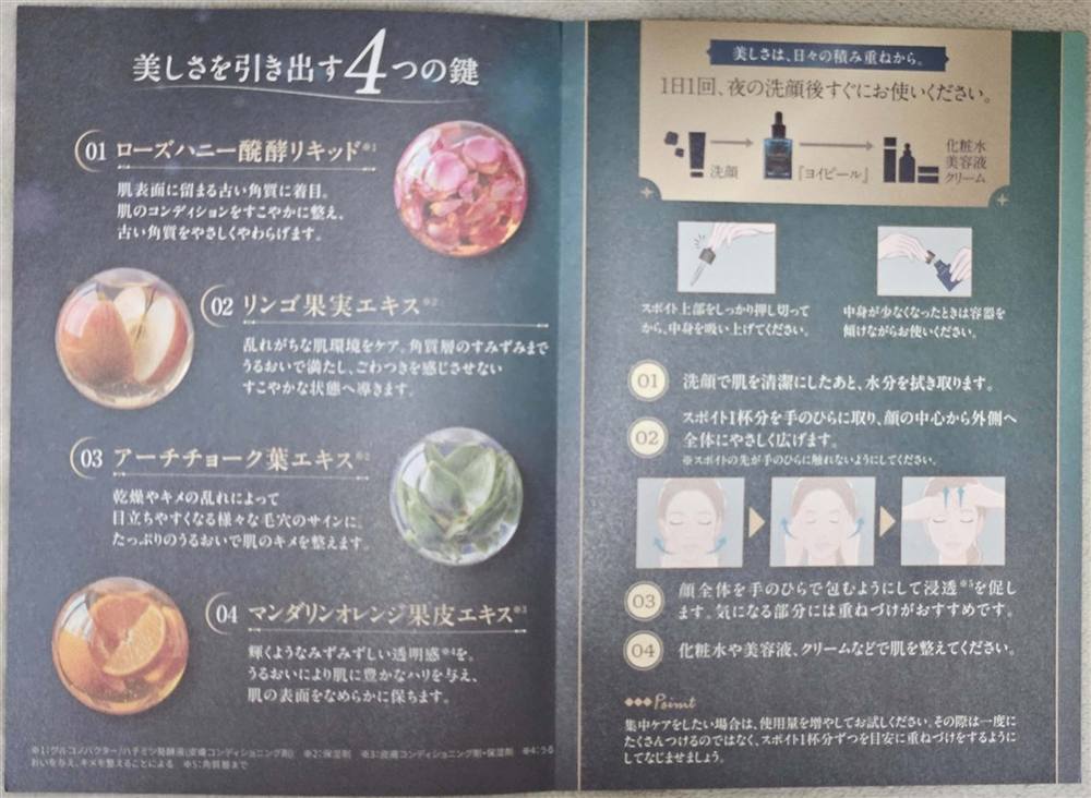 パンフレット中面。4つの美容成分と使い方の解説